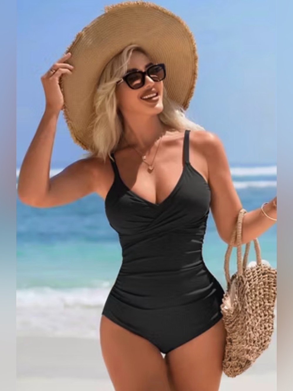 Charmo Women’s  Ruched V Neck One-Piece Swimwear Ribbed Tummy Control Bath Suit
